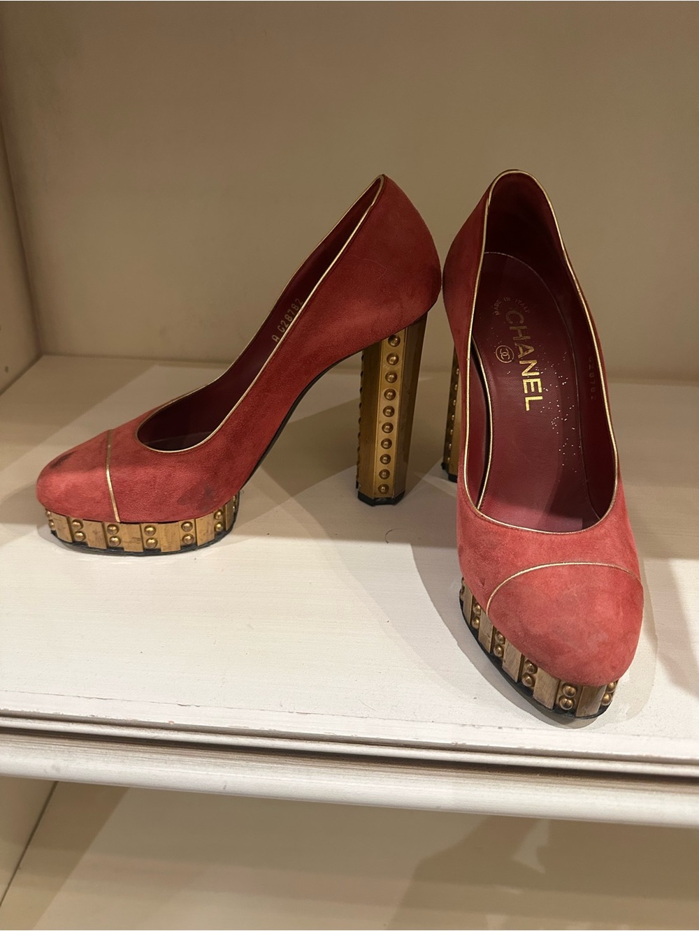 CHANEL Dark Red Suede Studded Platform Pump